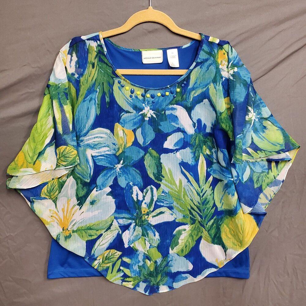 Alfred Dunner Womens Floral Bohemian Chic Batwing Top Size 14 Blue Green Yellow